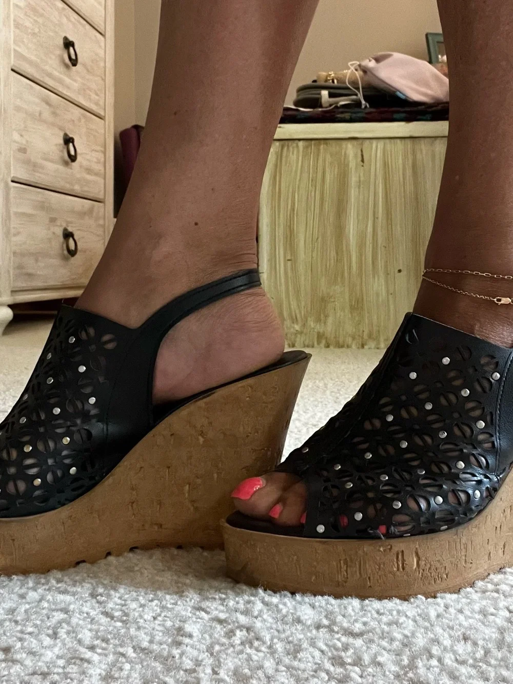 Made in Italy Black Laser-Cut Wedge Sandals with Cork-Look Platform